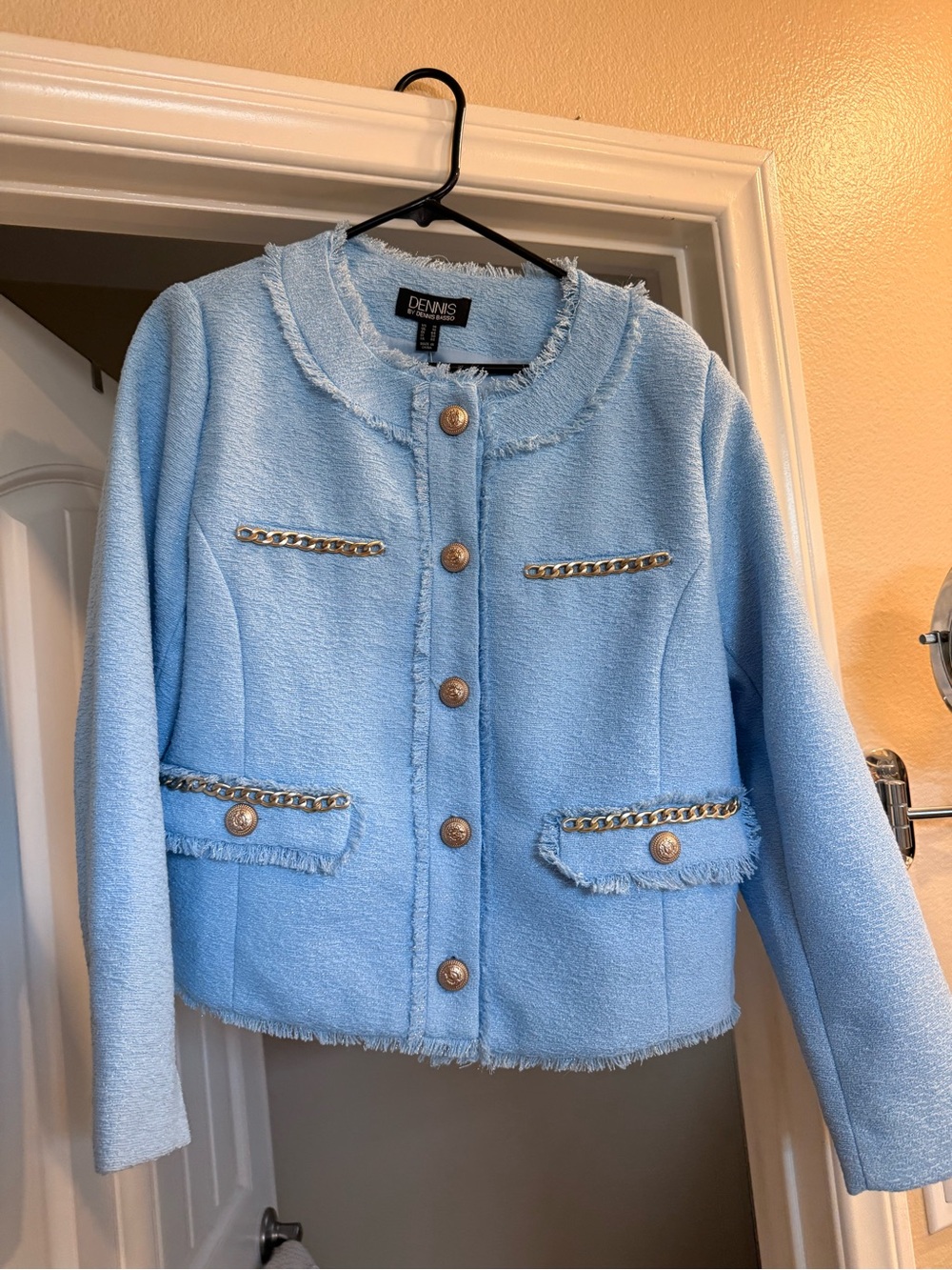 dennis basso baby blue tweed chain-trim blazer